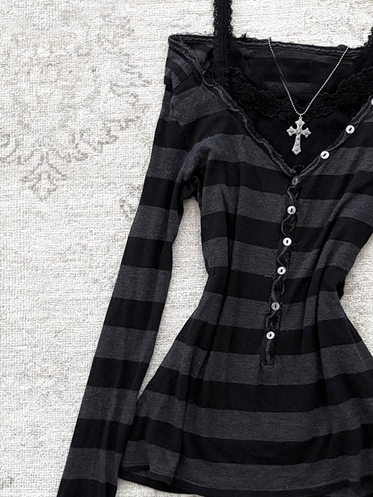 goth striped off-shoulder long-sleeved top