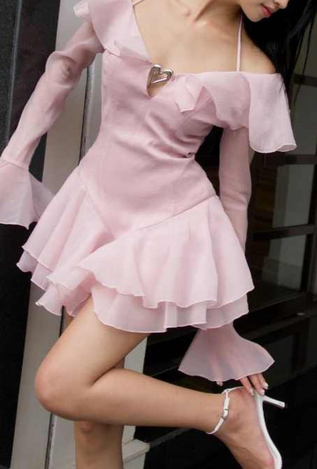 Ruffled Off-shoulder Long-sleeved Coquette Dress