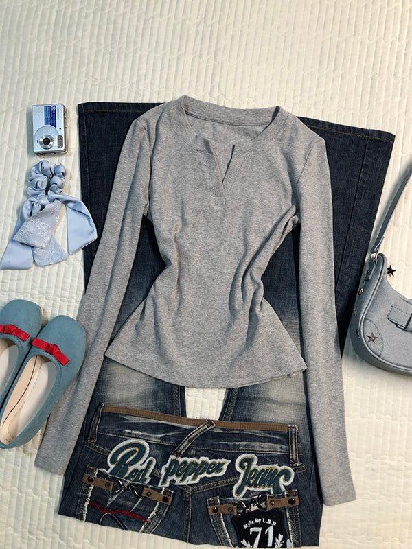 Gray Round Neck Long Sleeve Top