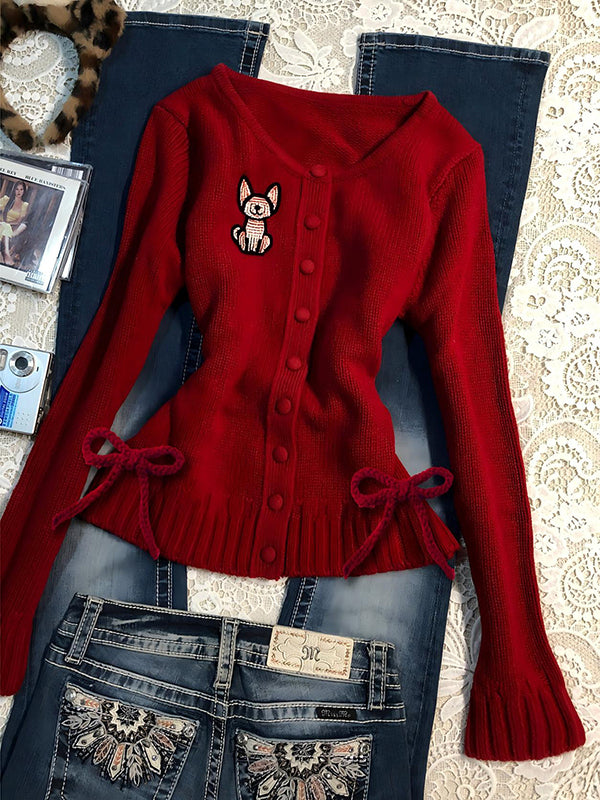 red cartoon V-neck knitted cardigan