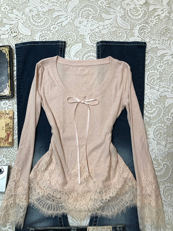 retro pink lace chiffon long-sleeved top