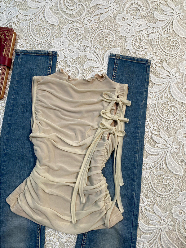 Retro beige bows straps top