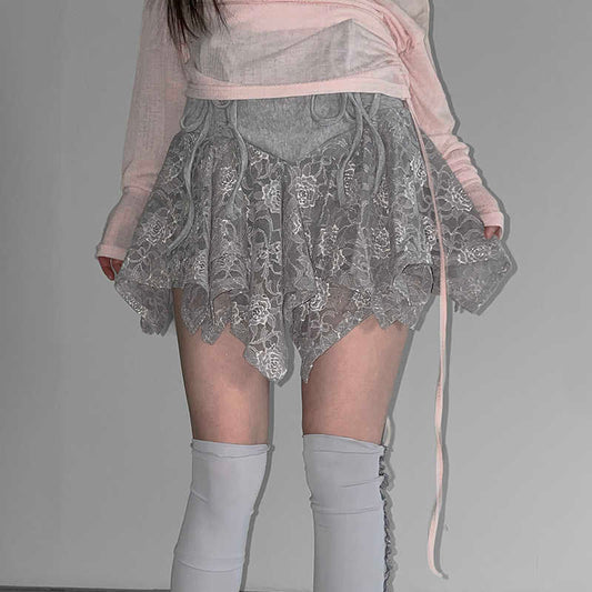 Ballet Lace Stitching Pleated Strap Skirt
