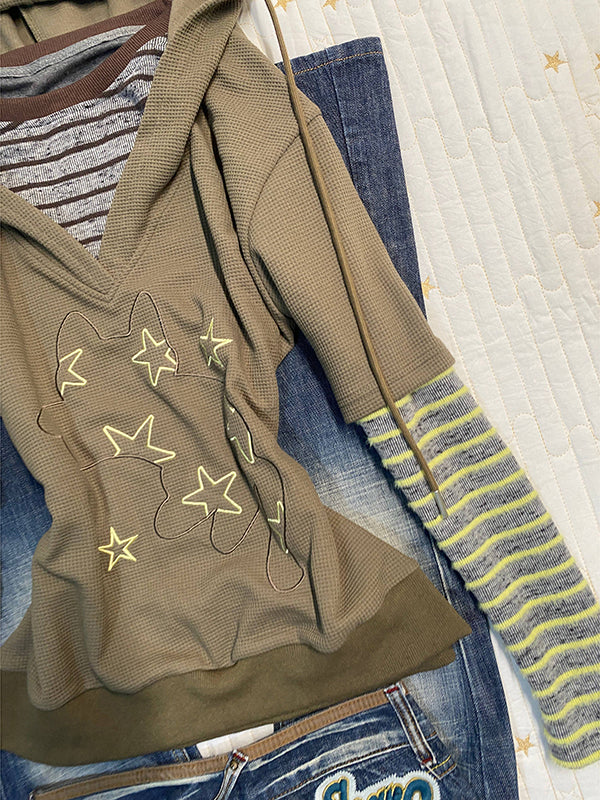 khaki hooded printed sweatshirt