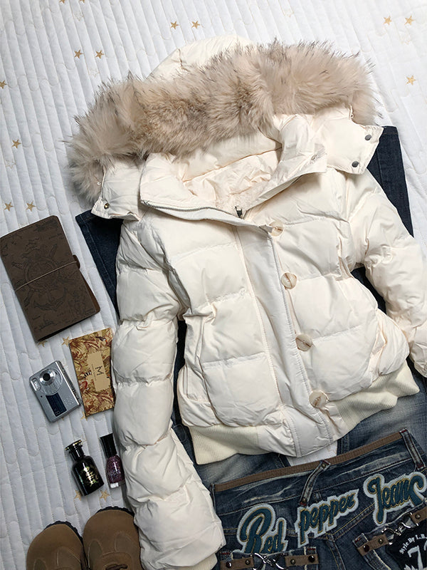apricot fur collar hooded down jacket