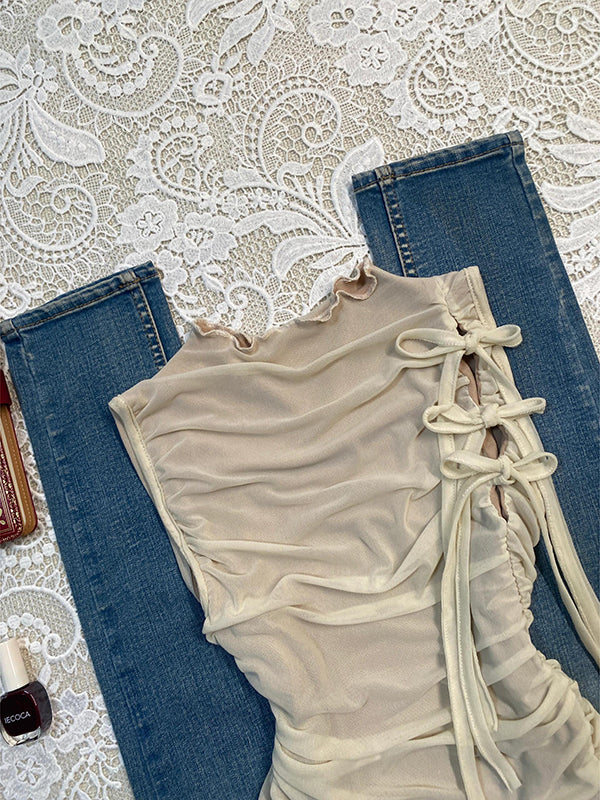 Retro beige bows straps top