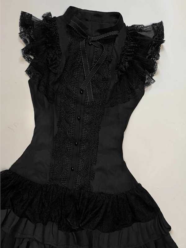 Black Lace Patchwork Shirt Dress