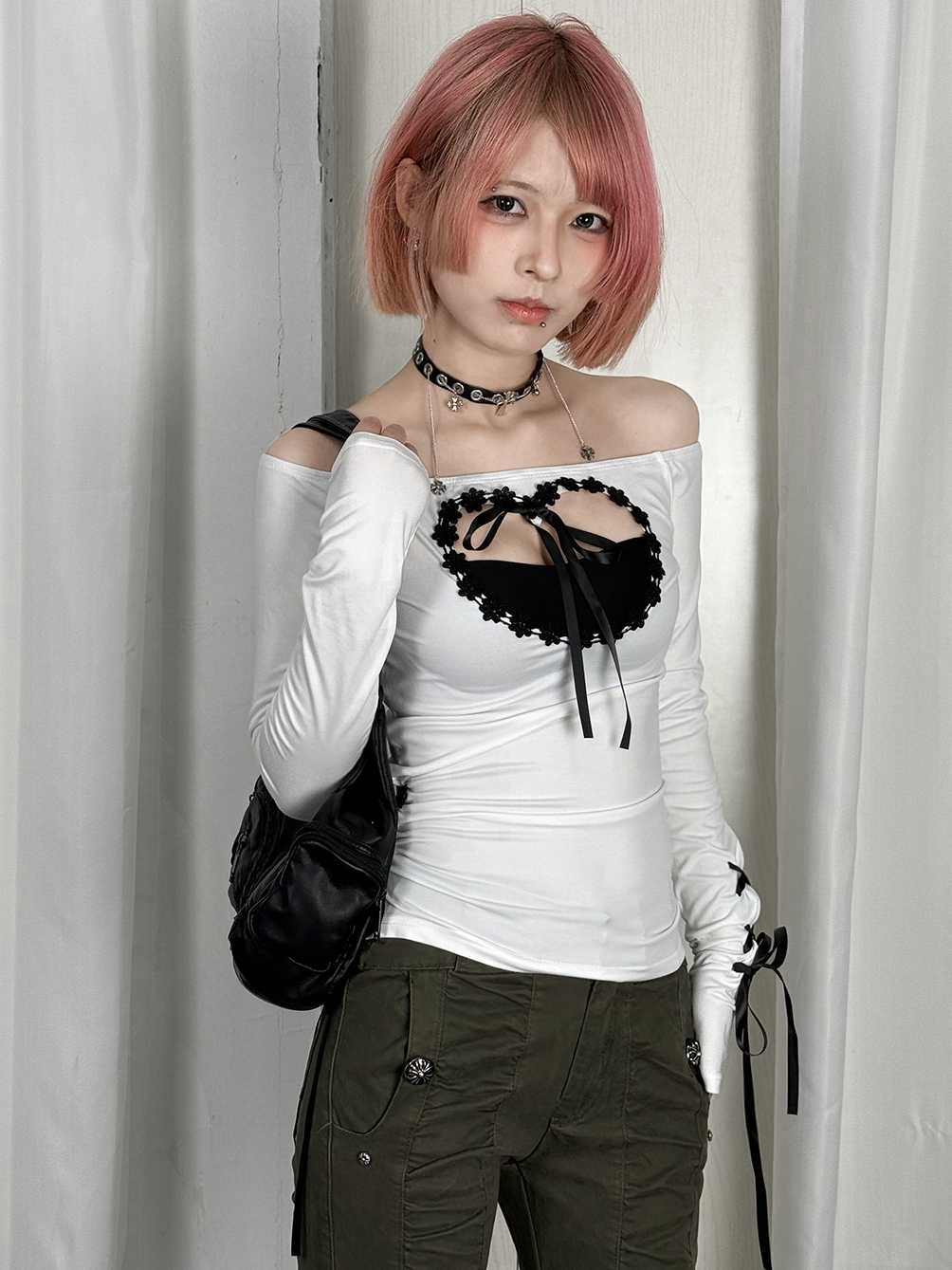 Off-shoulder Heart Hollow Bow Tie Long-sleeved Top
