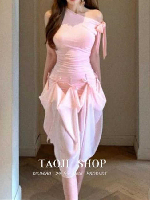 Bow Straps Waist-cinching Splicing Dress