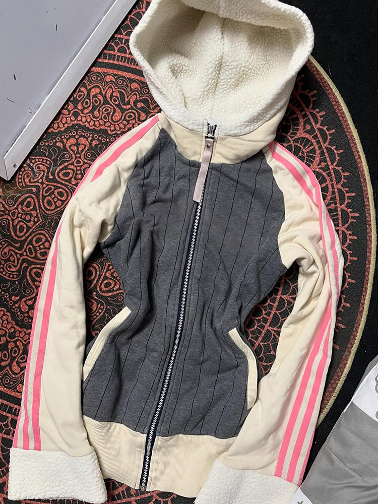 retro gray hooded pink fur collar sweatshirt jacket
