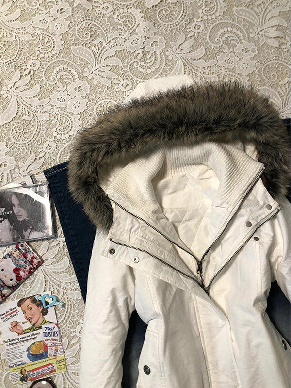 retro white quilted fur collar hooded cotton coat