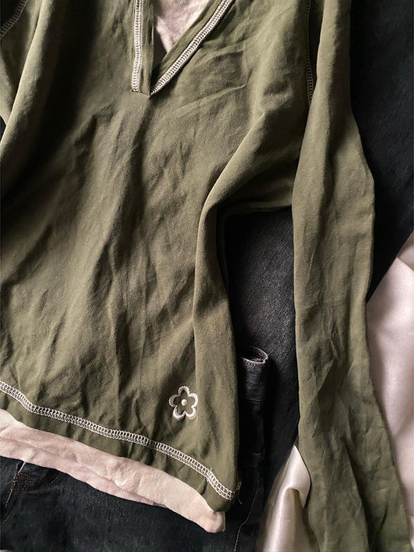 green fake two-piece hoodie long-sleeved Top