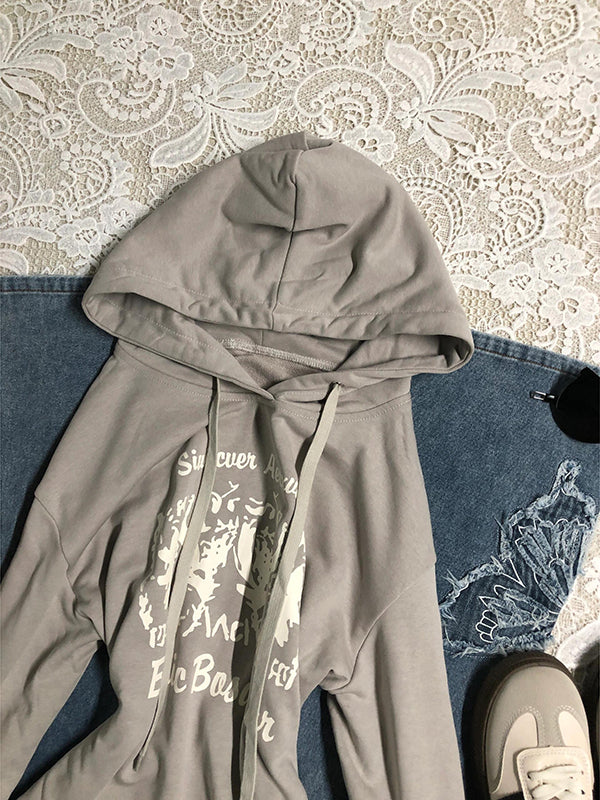 gray letter print hooded sweatshirt