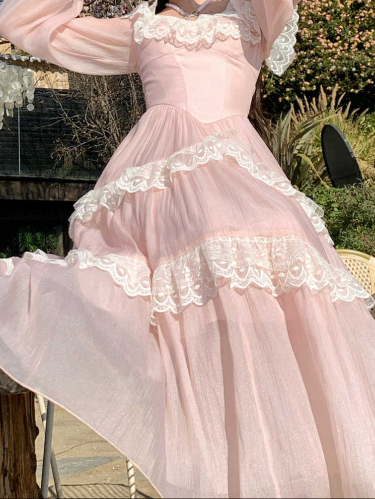 French Lace Puff-sleeved Dress