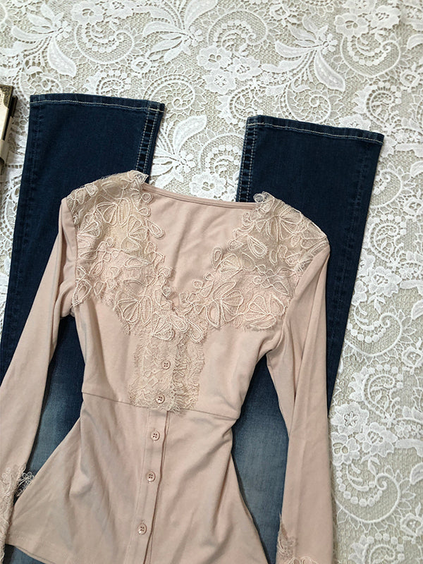 retro pink V-neck lace splicing long-sleeved top