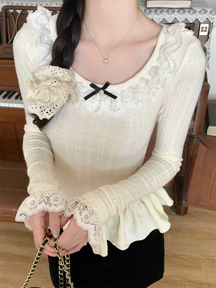 French Lace Dark Coquette Long-sleeved Top