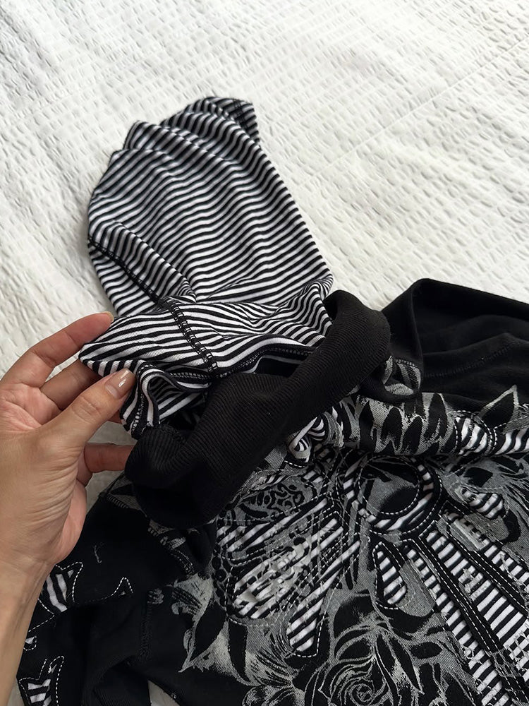Goth retro striped patchwork sweatshirt jacket
