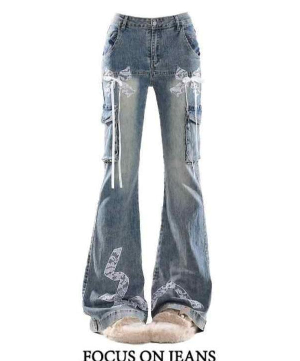 Coquette Lace Bow Bell Bottom Jeans