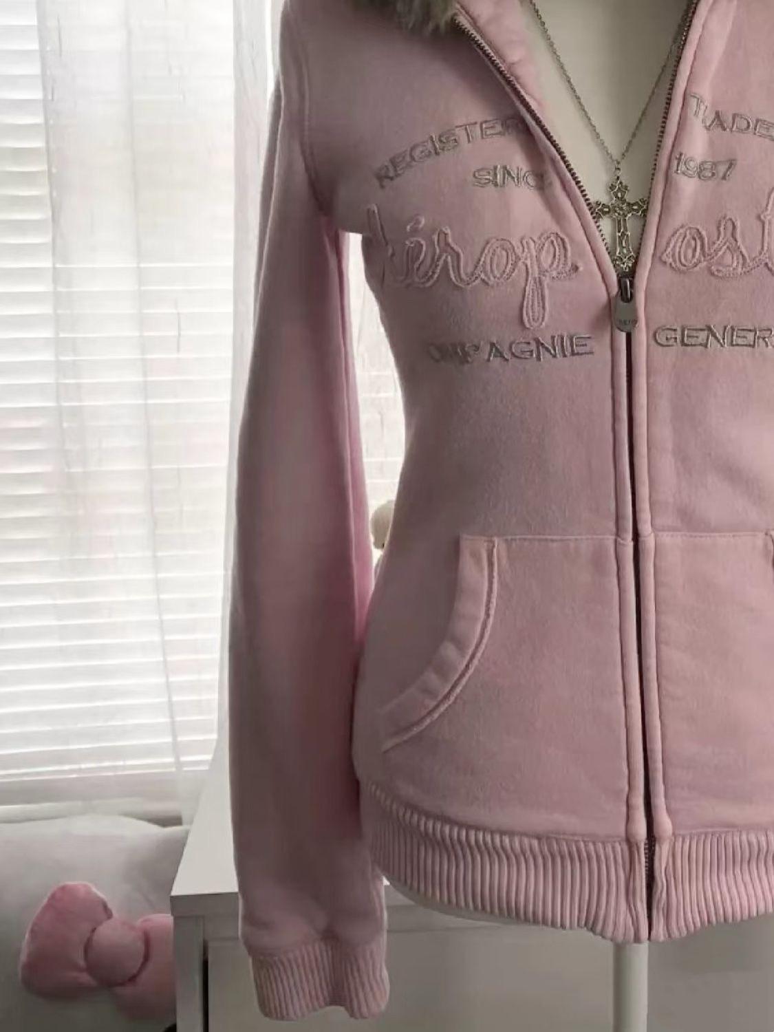 y2k retro pink letter fur collar hooded jacket