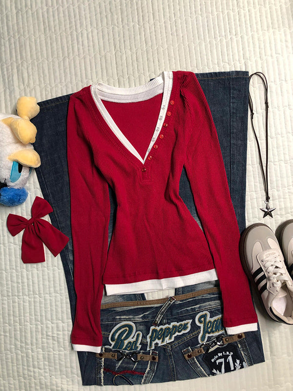 red v-neck fake two-piece sweater
