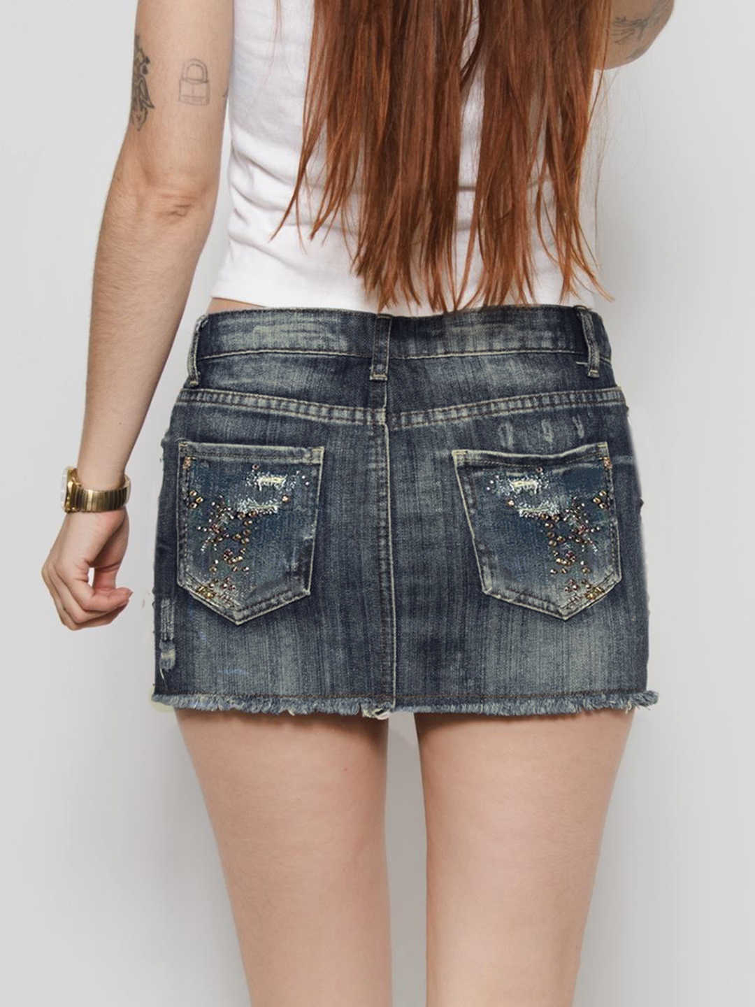 Drilled Holes Buttocks Denim Skirt