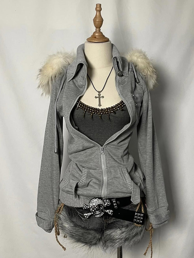retro gray fur collar hooded jacket