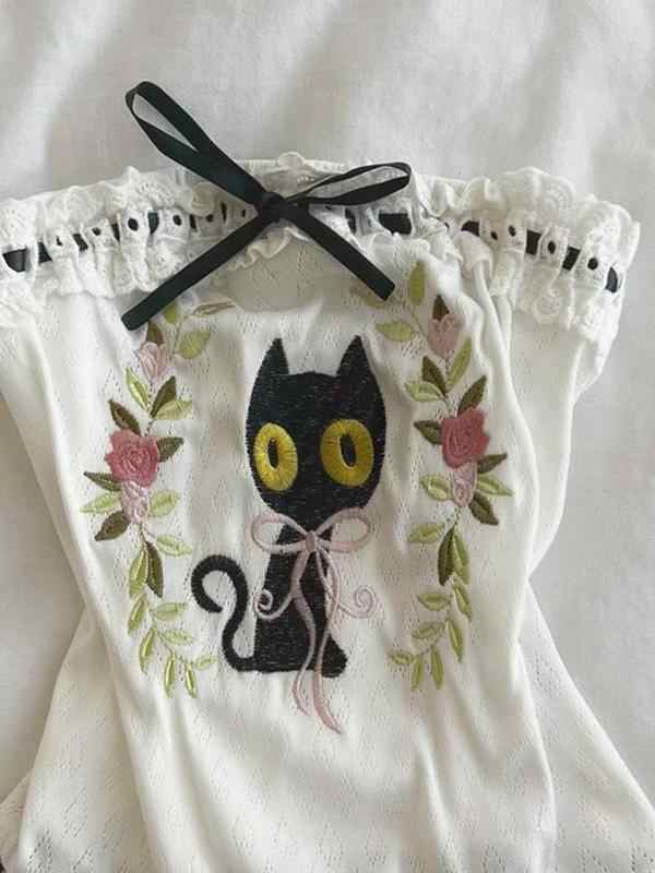 Black Cat Printed Crop Top