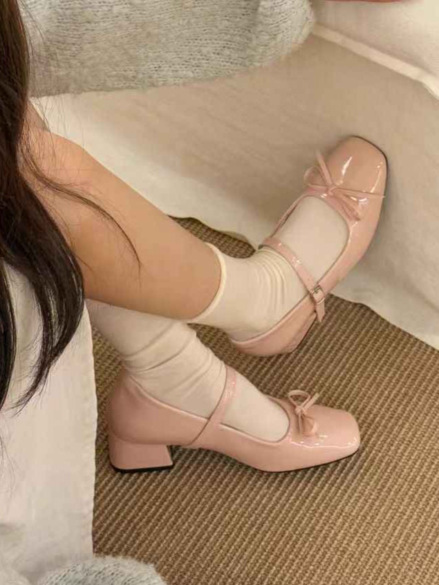 Ballet Girl Leather Thick Heel Shoes