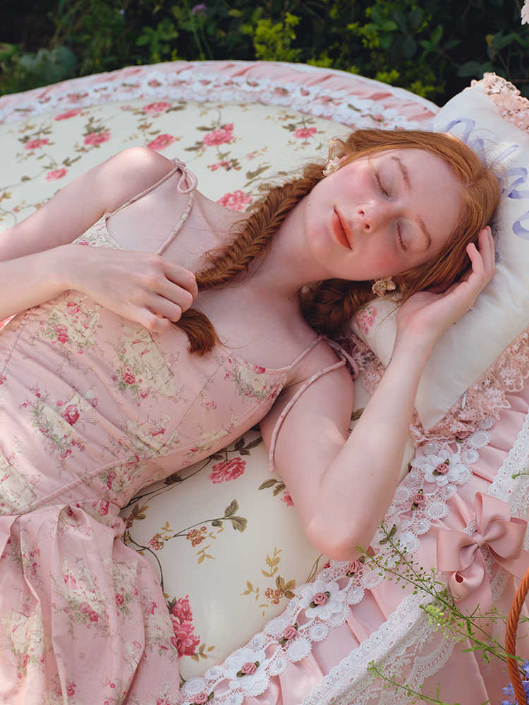 French Floral Fishbone Pink Dress