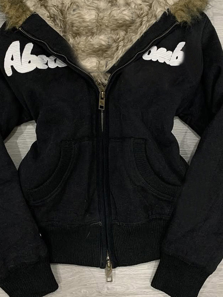 retro black fur collar hooded jacket