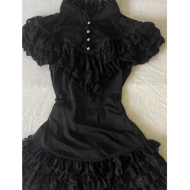 Original black lace short-sleeved shirt
