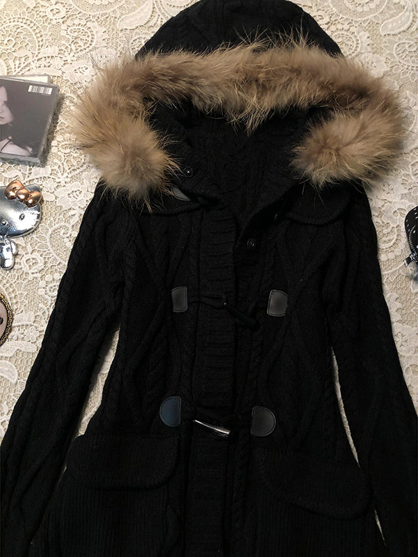 black hooded mid-length vintage jacket