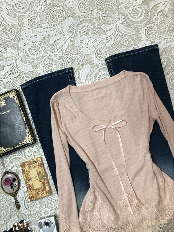 retro pink lace chiffon long-sleeved top