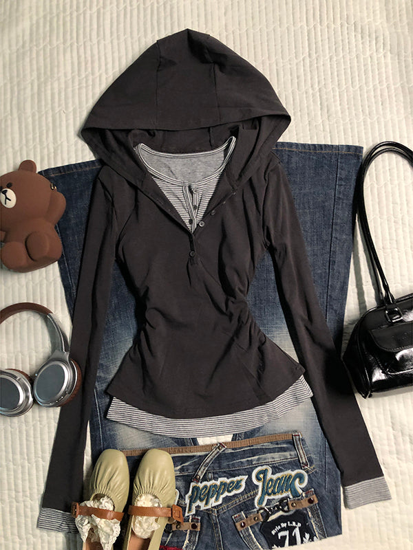 gray fake two-piece hooded sweatshirt