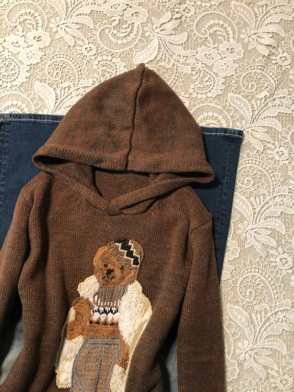 American retro brown bear embroidered hooded sweater