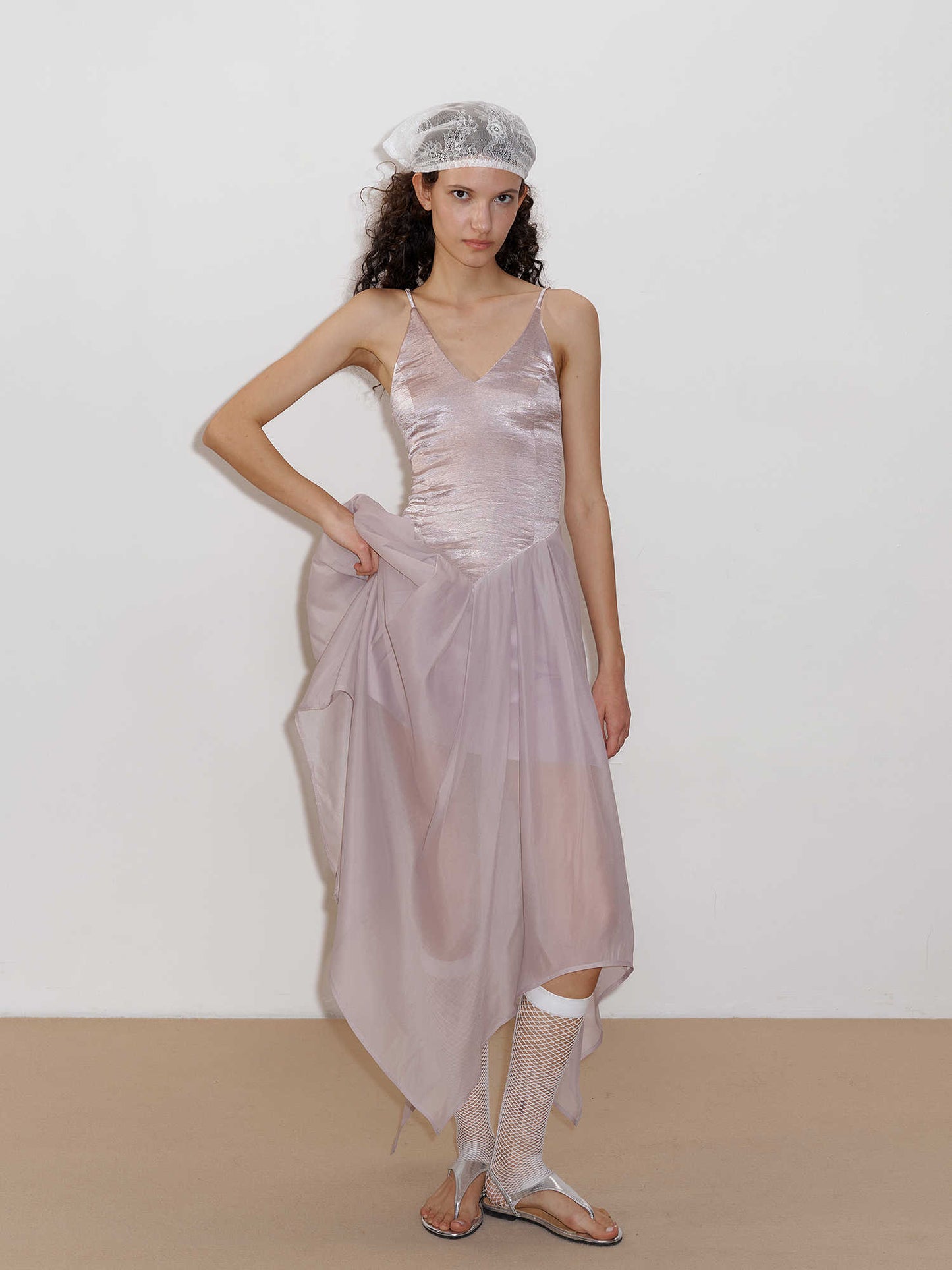 Glossy Textured Petal Mesh Dress