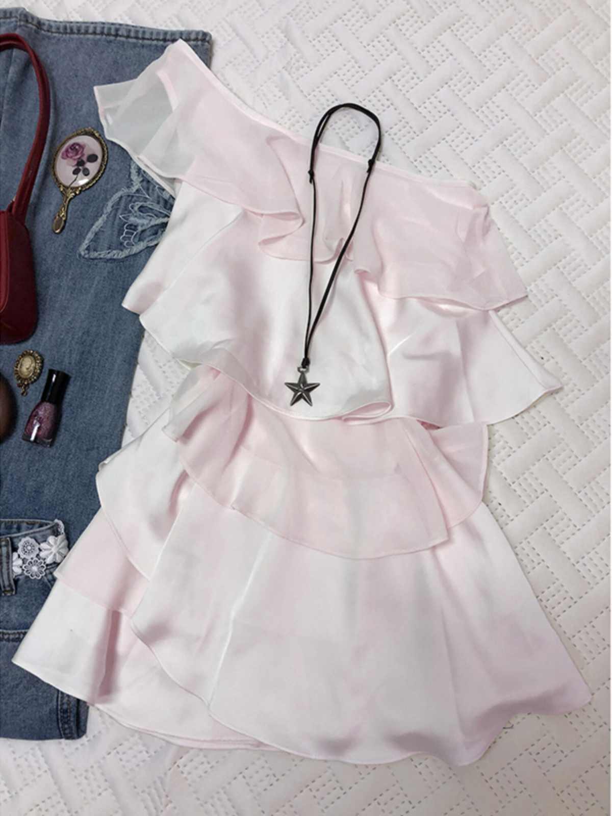Pink Chiffon One-shoulder Mini Dress