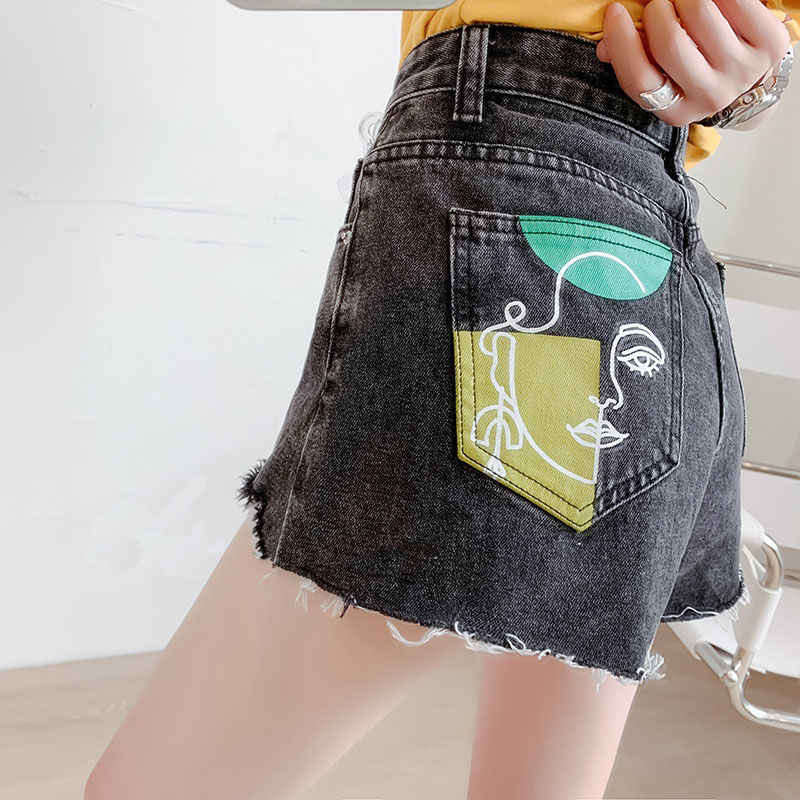 Girls Loose Raw Edge Print Denim Shorts