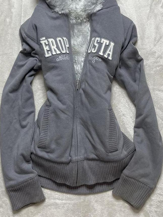gray velvet thickened hooded jacket