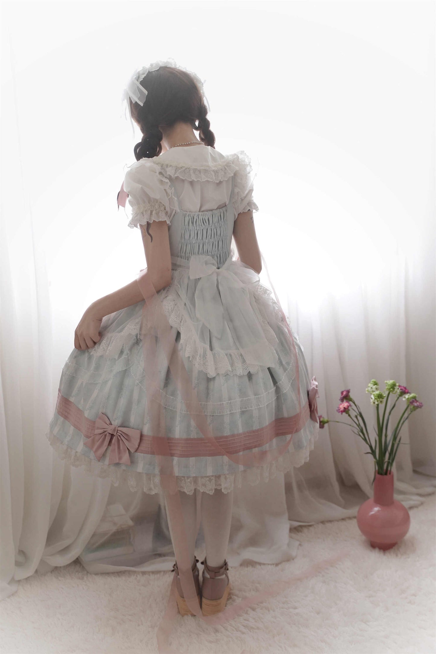 Baby Blue Mesh Pink Bow Lolita Dress