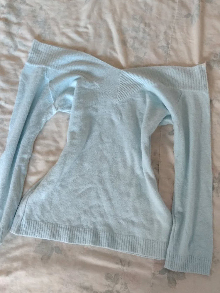 baby blue retro off-shoulder sweater