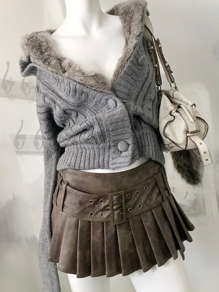 retro fur gray knitted cardigan
