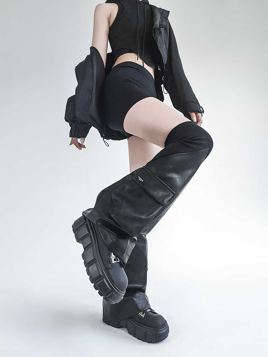 Dark Grunge Threaded Leather Leg Warmers