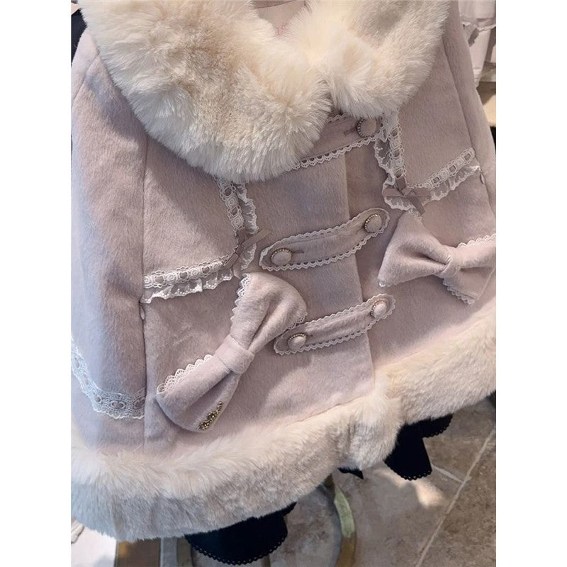 Retro lace bow woolen coat
