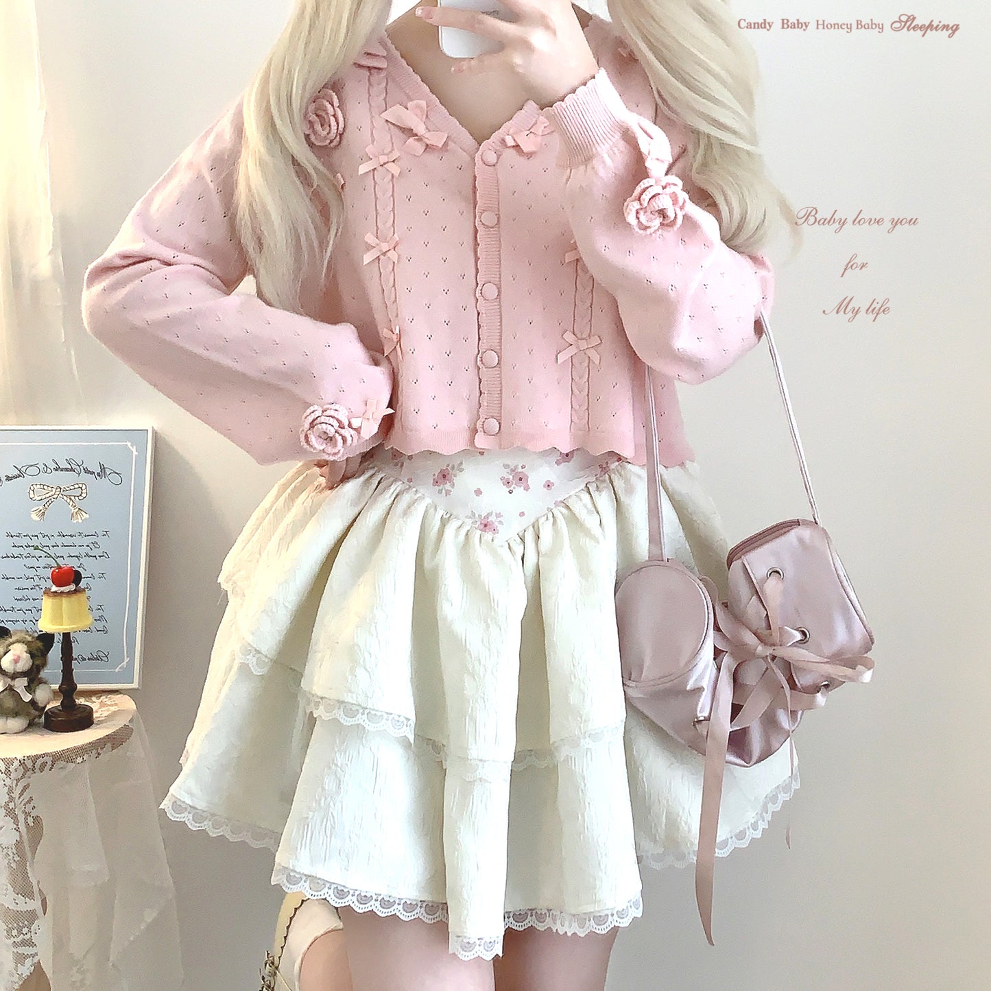 bow rose twist hollow knitted cardigan
