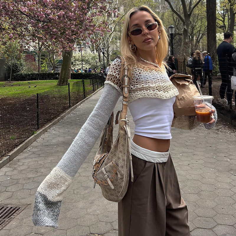 crochet street casual round neck striped long-sleeved top