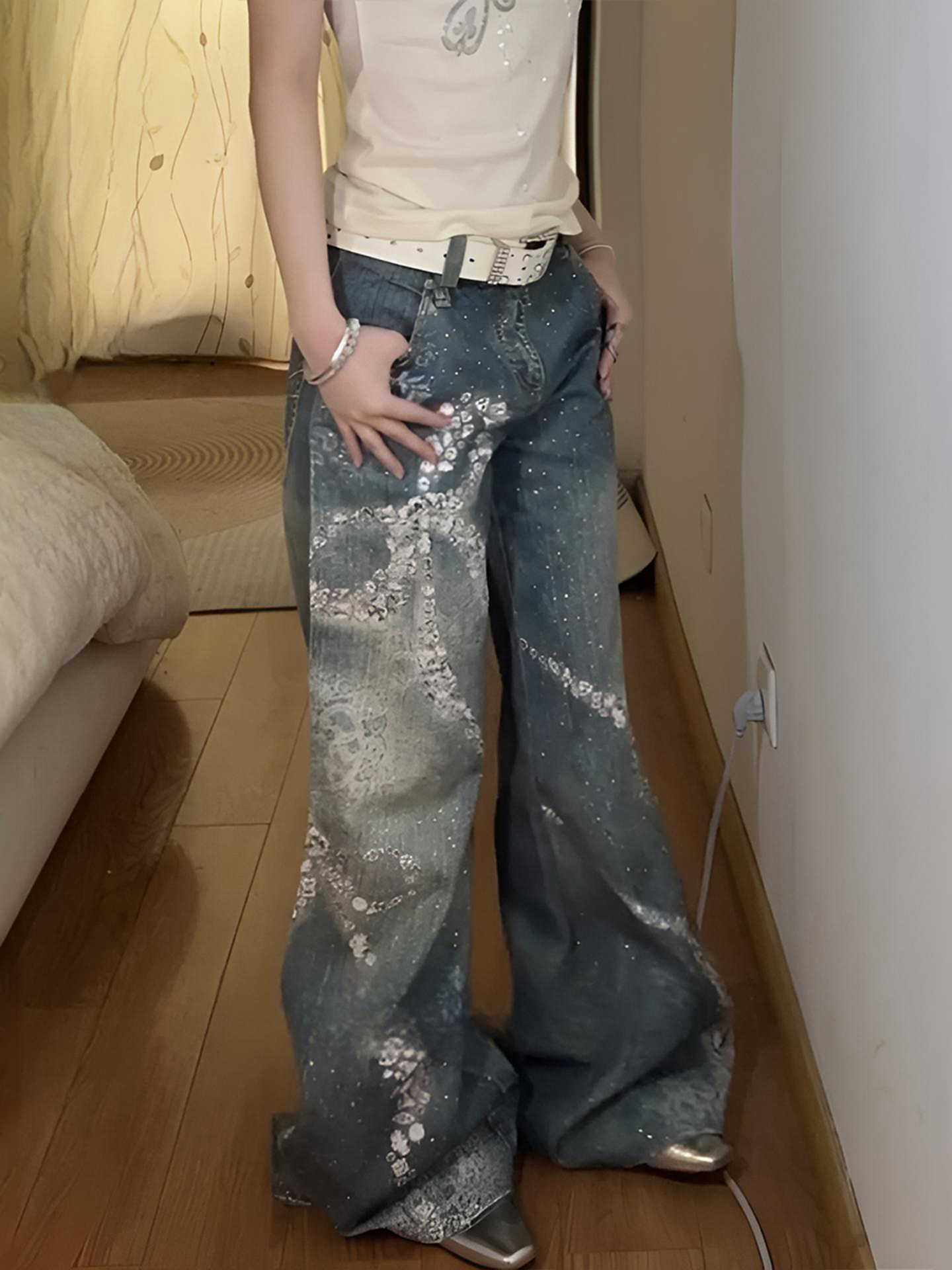 Butterfly Print Wide Legs Jeans