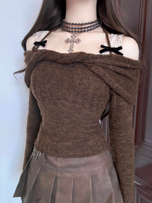 retro one-shoulder bows brown sweater