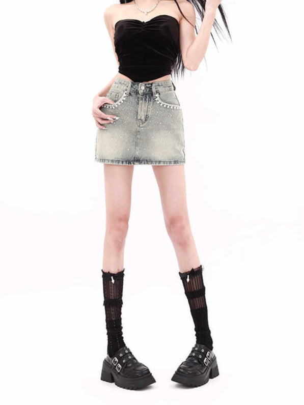 Acubi Distressed Diamond Denim Skirt