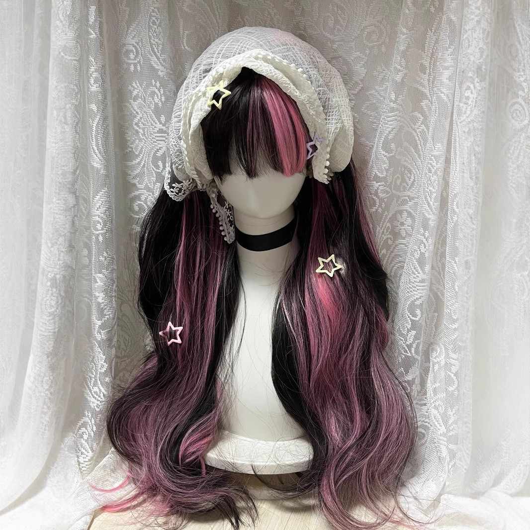 Black&Pink Long Curly Wig